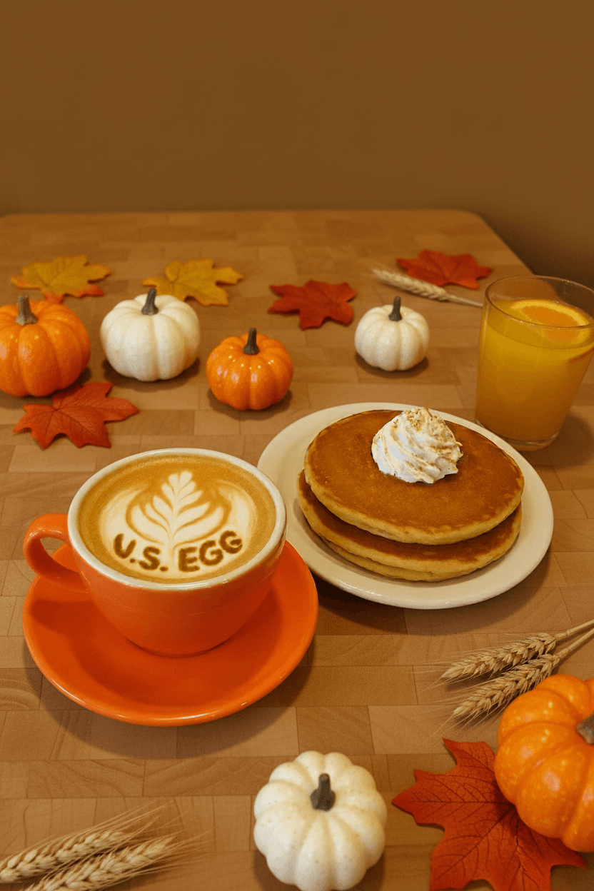 Signature Autumn Pumpkin Spice Pancakes - Our freshly made, fluffy pumpkin spice pancakes are the ultimate fall breakfast. Infused with real p - U.S. Egg Brunch & Cocktails menu item (vegetarian)